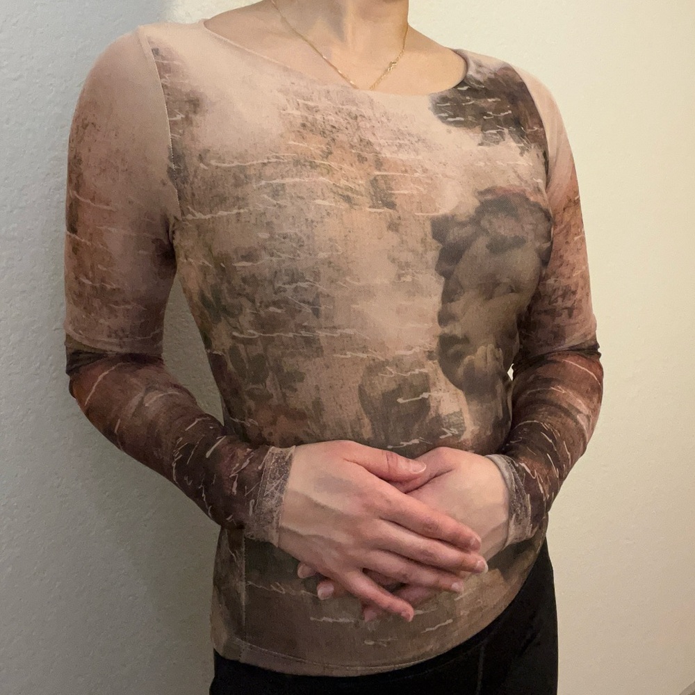 Artistic Print Long Sleeve Blouse - Brown